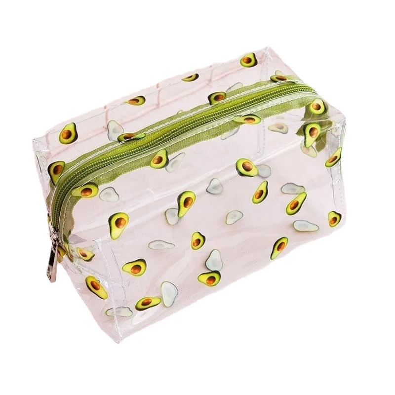 Bolsa de maquillaje de PVC, Mini bolsas de almacenamiento de lavado portátiles de viaje transparentes a la moda, bolsa de cosméticos con cremallera con estampado de flores de fresa para mujer