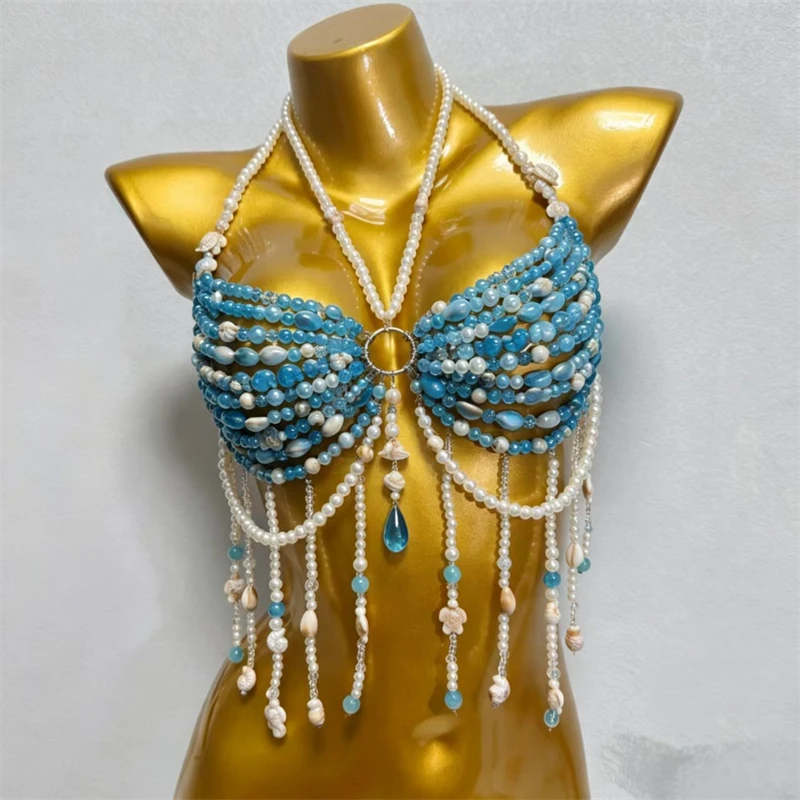 Damenbekleidung: Perlenbesetztes Quasten-Bodychain-Bralette, Perlen-Neckholder-Harness-Crop-Top, sexy für Strandparty, Festival, Rave, Urlaub. – Detail 5