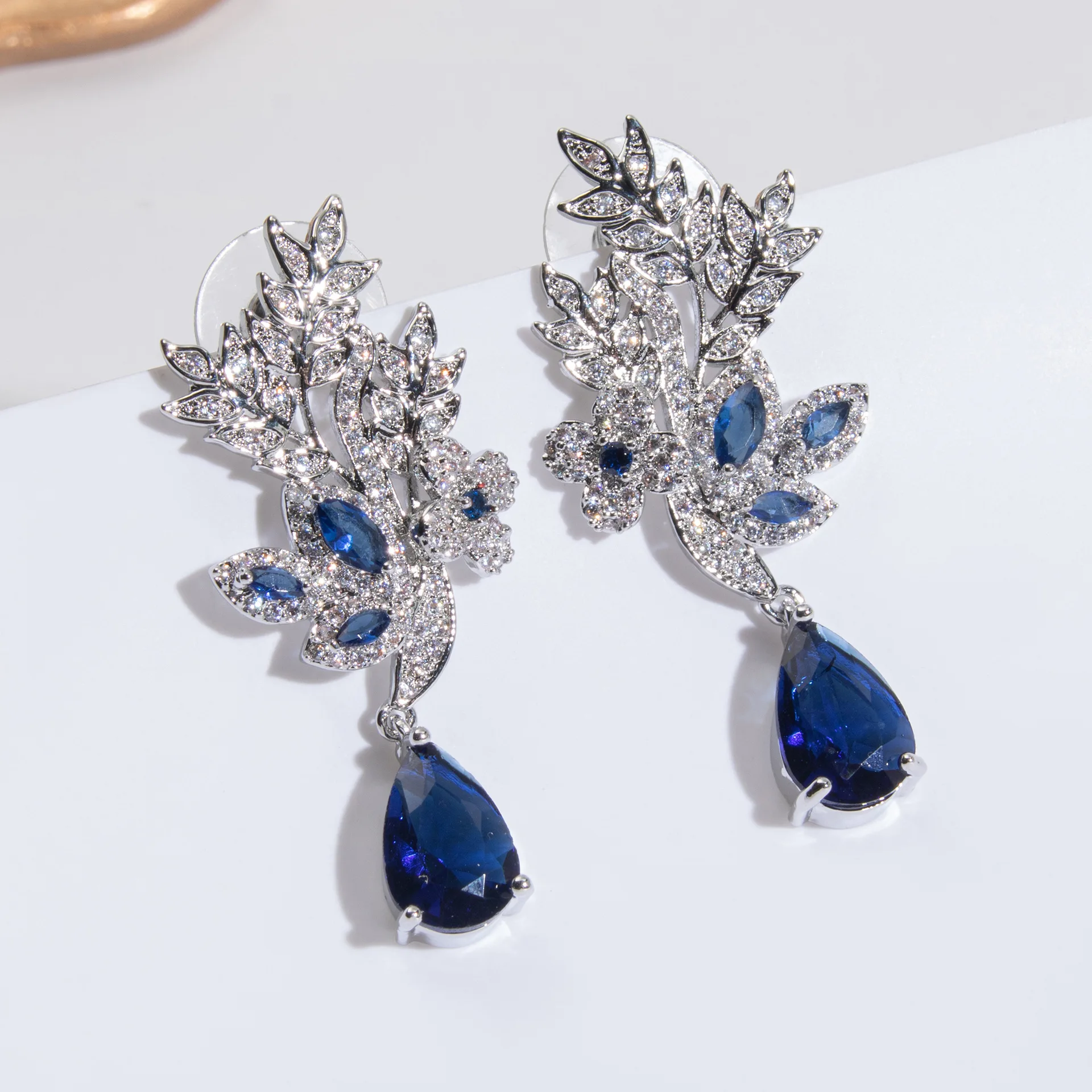 

Elegant Zircon Flower Waterdrop Earrings with Blue Sapphires, Luxury Party Jewelry, Fashion Statement Earrings