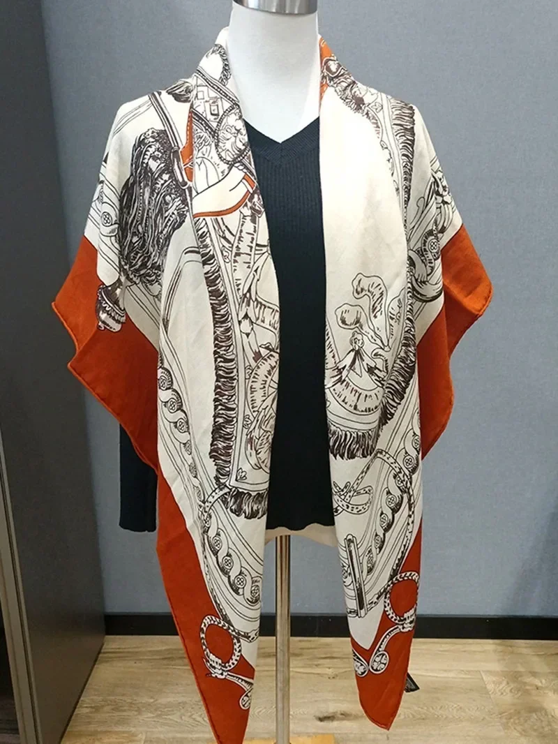 High-end Elegant Women's Fashion Personality Orange Harness Printed Quality Silk Cashmere Hand-rolled Edge Warm Scarf Shawl Wrap