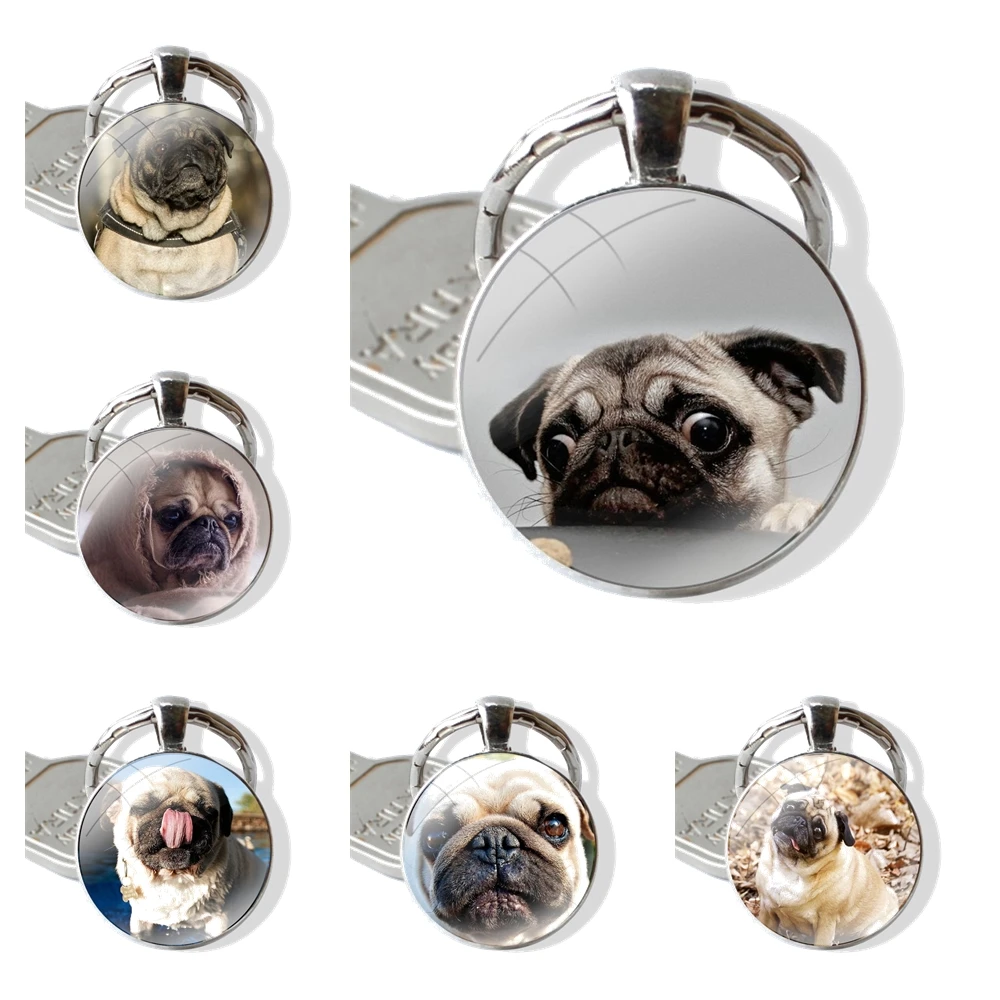 Funny Cute Pug Glass Metal Pendant Key Chain Classic Men Women Key Ring Accessories Jewelry Gifts