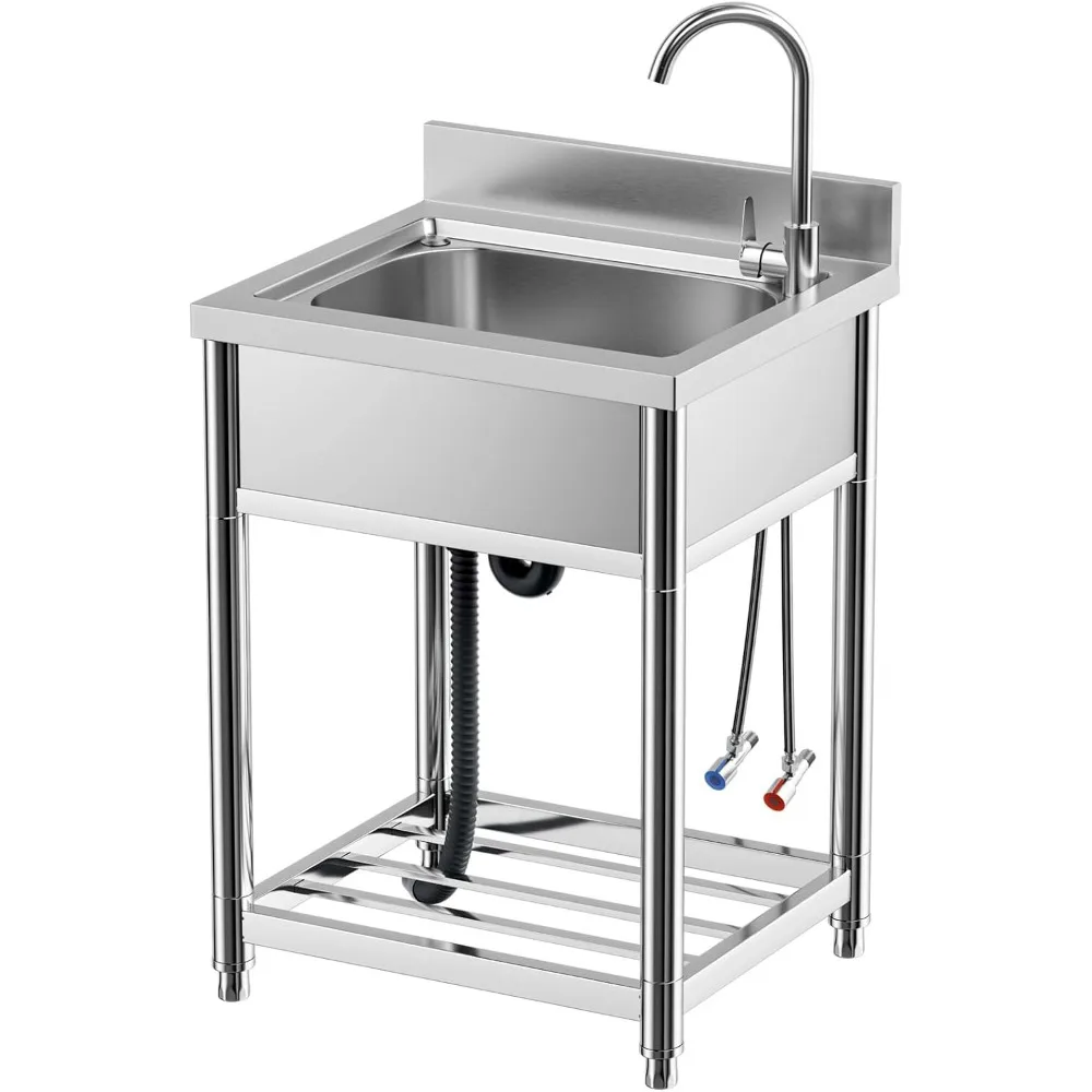 

Free Standing Stainless-Steel Single Bowl Commercial Restaurant Kitchen Sink Set w/Faucet, Prep & Utility Washing Hand Basin