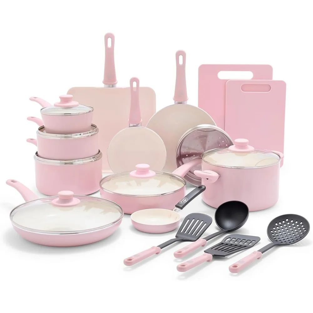 Soft Grip Healthy Ceramic Nonstick 23 Piece Kitchen Cookware Pots and Frying Sauce Saute Pans Set With Kitchen Utensils Pink Bar