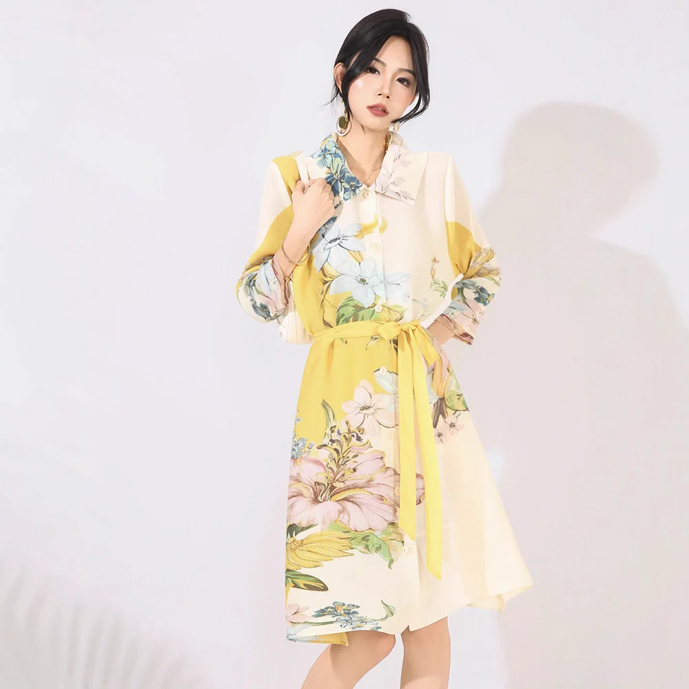 

Miyake Style Pleated Printed Mid-Length Dress Women's Chic New Loose Lapel Single Breasted Three Quarter Sleeve Famale Cloth