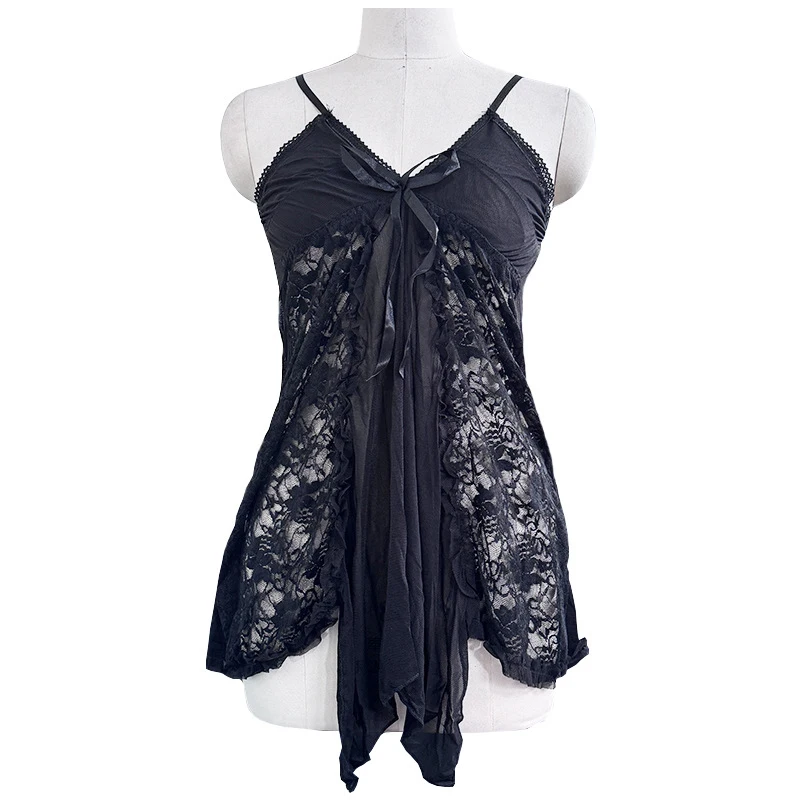 Women's Mesh Slip Nightgown, Lace Hollow-out Design, Breathable Sheer Fabric, Comfortable Daily Home Wear