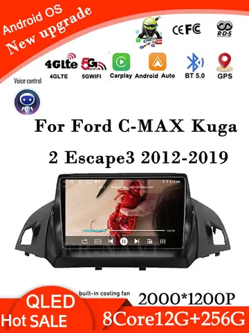 9 lnch 안드로이드 14 포드 C-MAX Kuga 2 Escape3 2012-2019 차량용 라디오 Carplay 비디오 멀티미디어 네비게이션 QLED GPS 4G WIFI