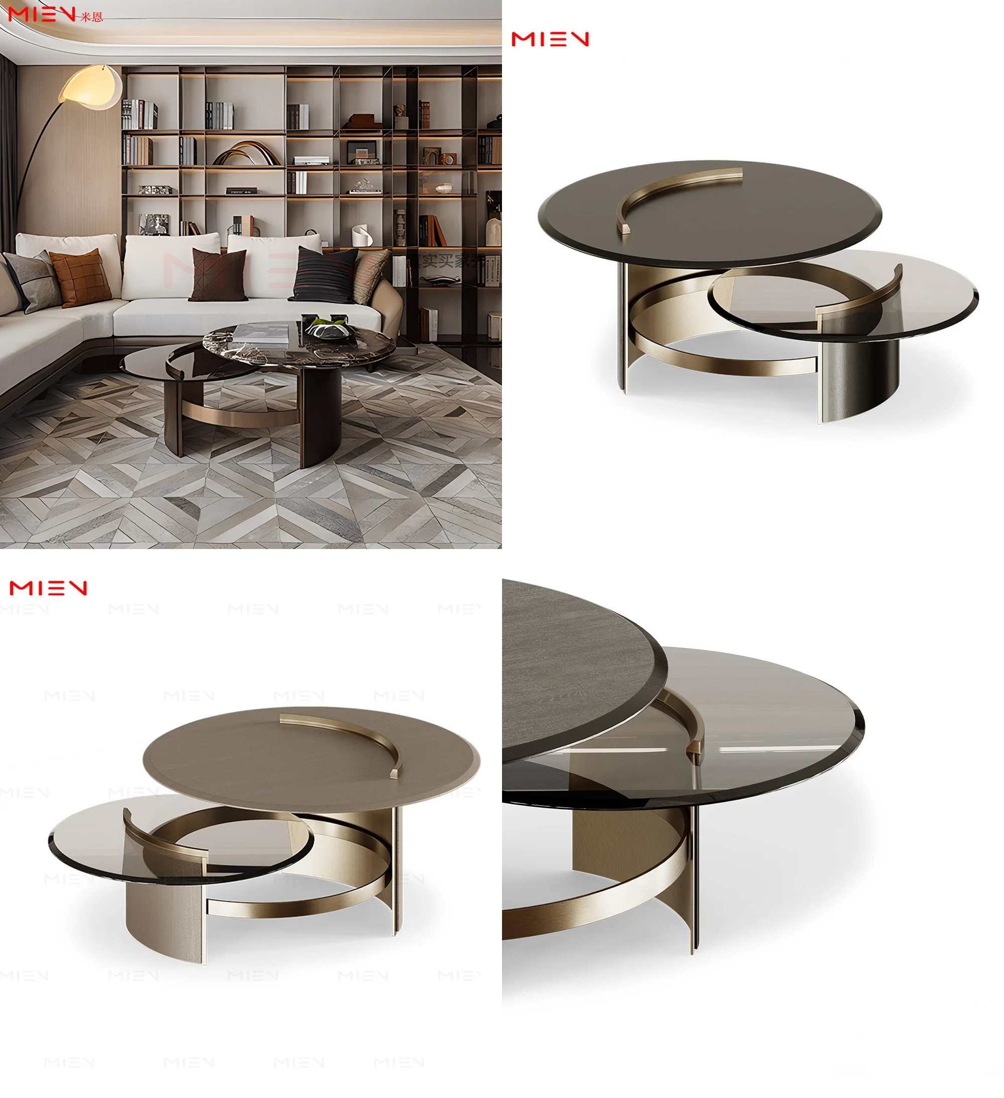 Modern Luxury Green Marble Semicircle Coffee Table Set for Living Room, Oval Tea Table Center Table with Gold Base