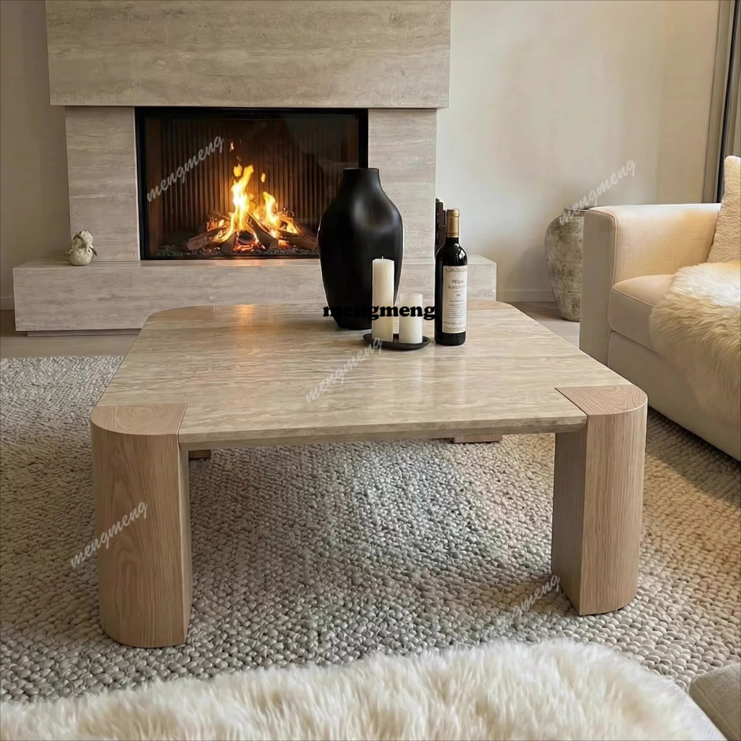 

Medieval wabi-sabi style square slate travertine solid wood coffee table living room home light luxury high-end minimalist