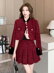 High Quality Small Fragrant Tweed Two Piece Set For Women Korean Sweet Short Jacket Coat + Pleated Skirt Sets Conjuntos Cortos