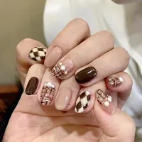 24PCS Sweater Plaid Japanese Style Ins Style Wear Fake Nail Decoration Full Coverage Caramel Diamond Plaid Press on Nails Art