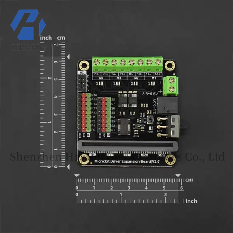 DFRobot micro:bit motor driver expansion board with 4 motor channels, 8 servo channels, and 9 GPIO ports