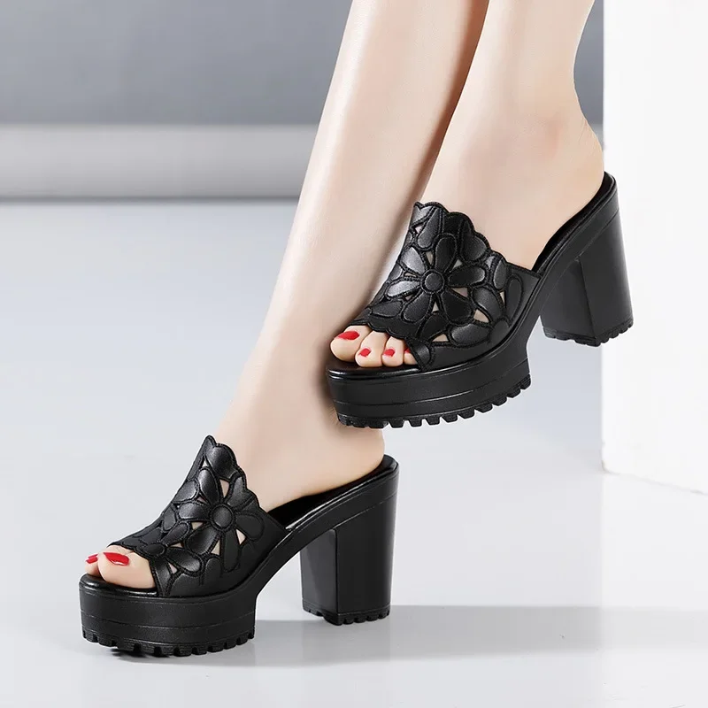 Plus Size 32-43 Elegant Black Floral Cutout Block High Heels Slides Platform Shoes 2024 Womens Summer Thick Sole Slippers