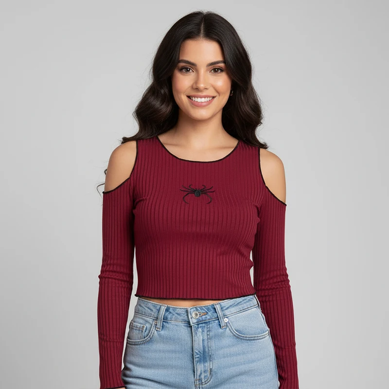 

New Autumn Gothic Spider Print Grunge T Shirt Women Long Sleeve Off Shoulder Y2k Vintage Ribbed Streetwear Korean Style Crop Top