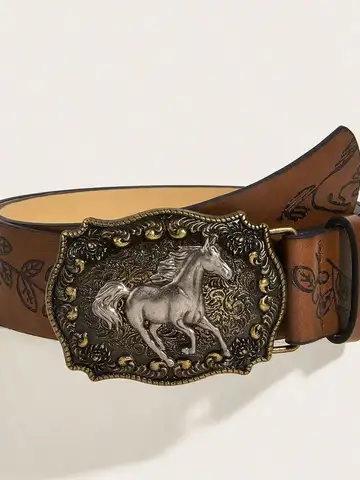 Neutral horse head buckle peony pattern PU belt fashionable