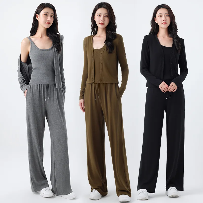 Casual Loose Knit Suit Four Seasons Women Outfit Long-sleeved Cardigan V-neck Top Camisole Drawstring High Waist Long Pants 3pcs