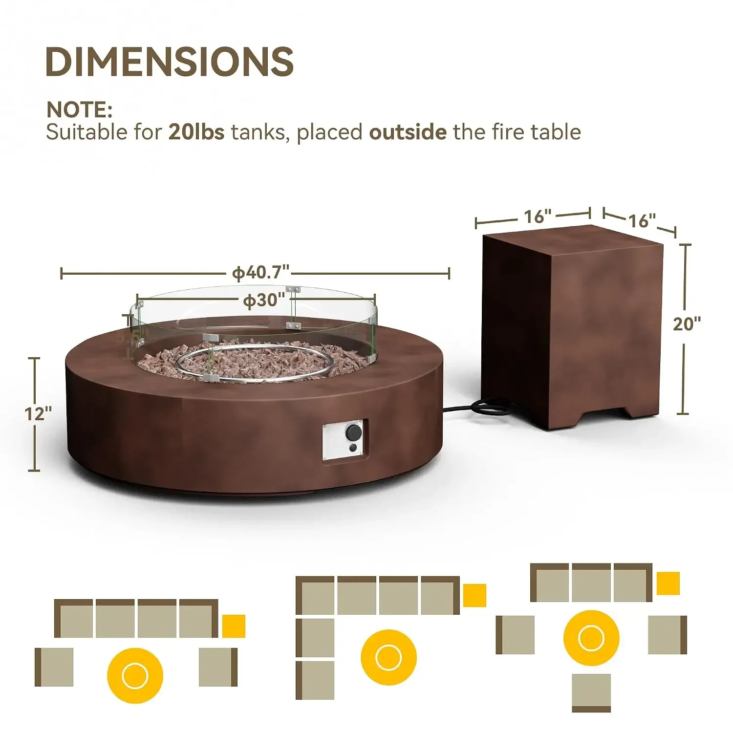 2-Piece Outdoor Firepit Table Set w Tank Table, 42 inch Dark Fire Table Certified, 50,000 BTU w Bronze Round, Customized