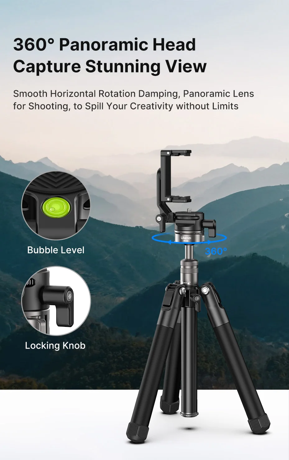 Ulanzi MT-63 26 cm tragbares Mini-Stativ mit 360 ° Horizontaler und vertikaler Panoramakopf für Smartphones-Kameras – Detail 7