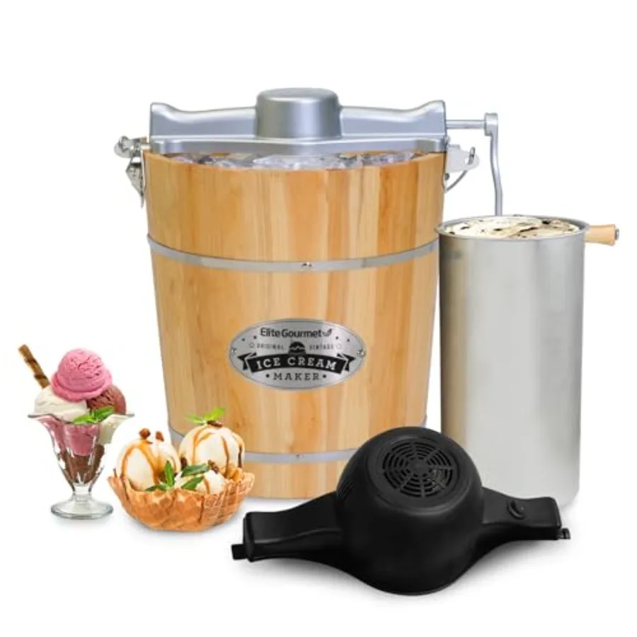

Vintage wood bucket electric ice cream maker for home use, natural wood finish, classic hand crank included, churns ice cream q