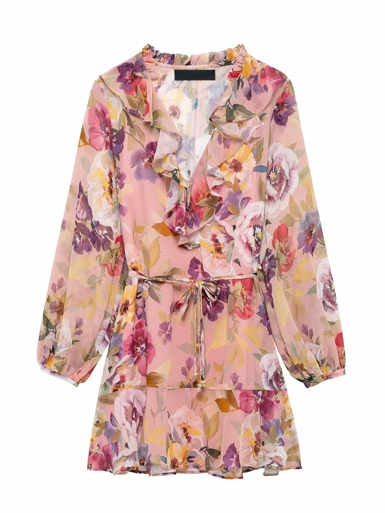 

OUROPEAN ZTATION 2025 Summer New Lady Vintage Dress Mini Skirt Casual Woman V-Collar Dresses Print Thin Lace Long Sleeve Floral