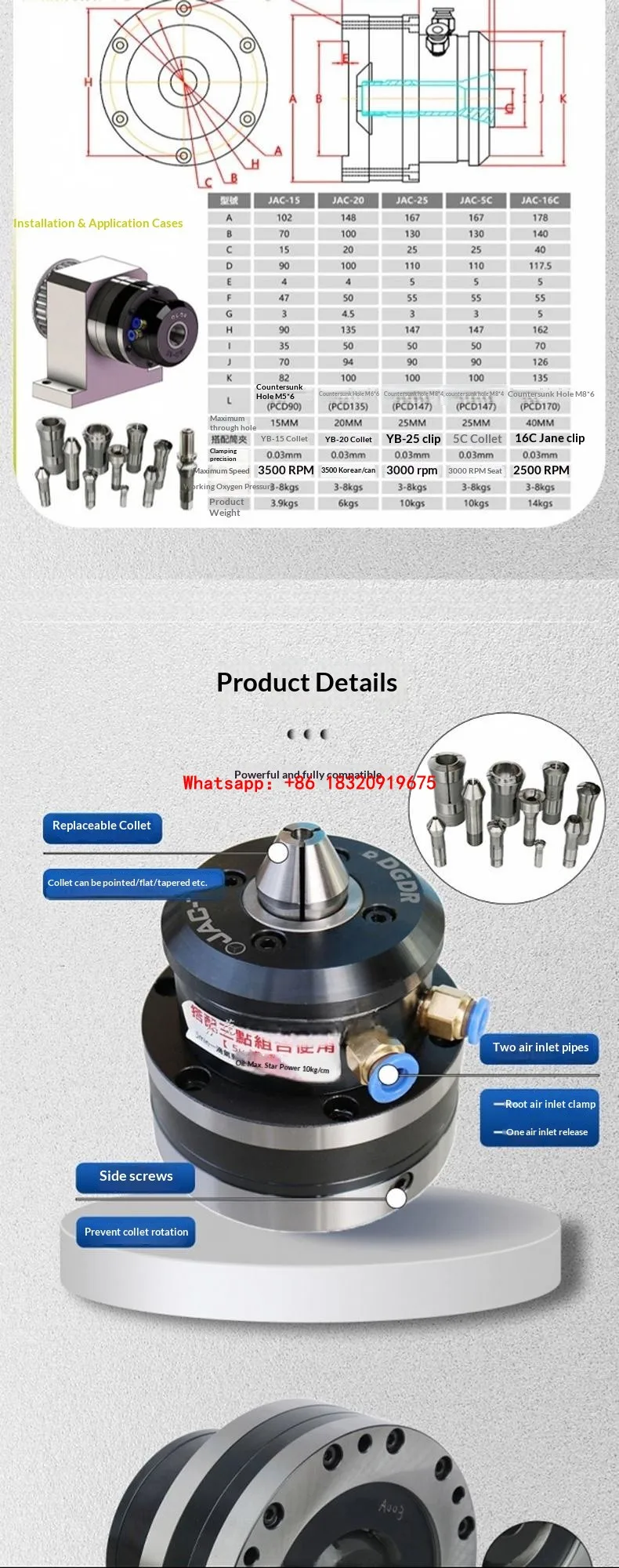 Cyclmotion CNC Front-mounted pneumatic collet chuck with through-hole (40mm) for small lathes (Model JAC-16C)