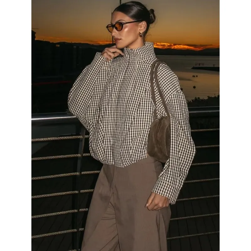 

Black White Plaid Stand Collar Jacket Loose Long Sleeves Gingham Print Casual Streetwear Top Spring Autumn Coat