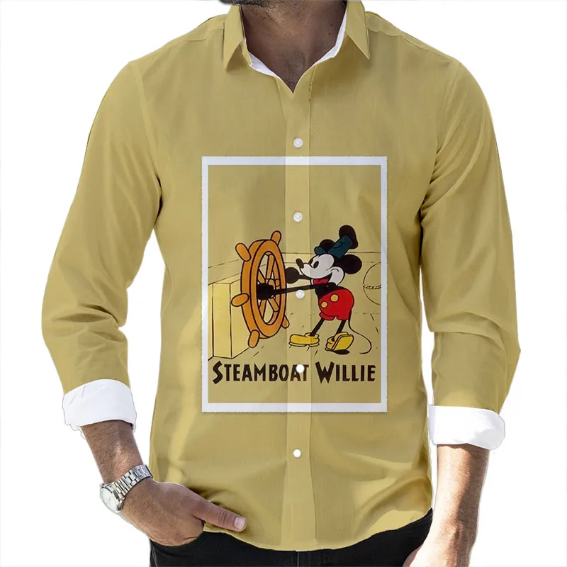 

Street Style Mickey Minnie Cartoon 2024 Spring Harajuku New Fashion Casual 3D Printed Long Sleeve Lapel Shirt Slim Men's Top