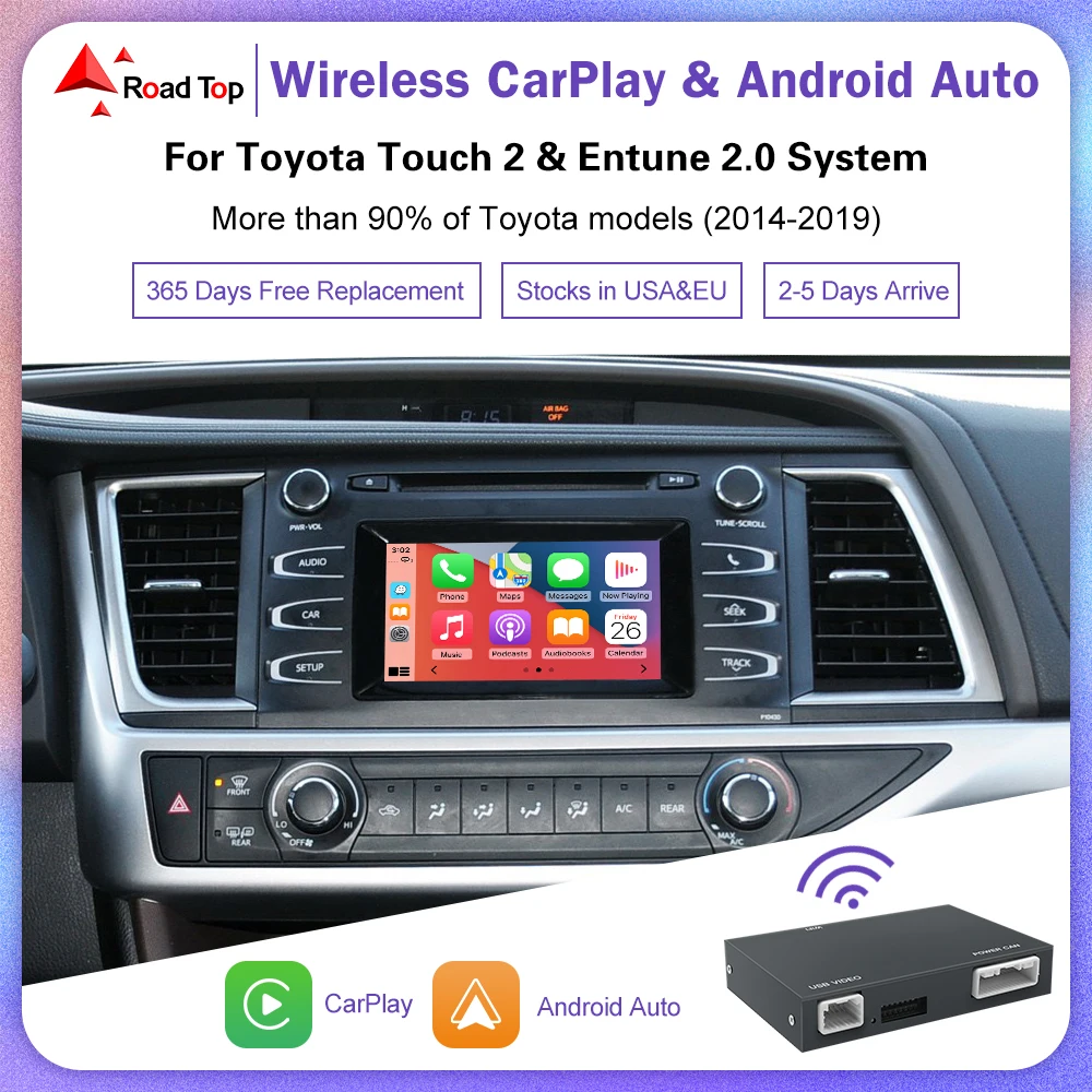 Road Top Wireless Carplay Android Auto for Toyota Fit for Tundra/Highlander/RAV4/Tacoma/Camry/Corolla/Avalon/Prius Car Play