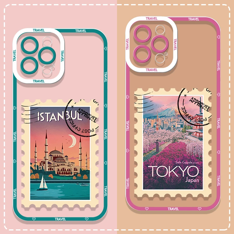 

World City Ticket Stamp Label Phone Case For iPhone 16 15 14 13 12 11 Pro Max Mini X XS SE4 7 8 Plus 16E Shockproof Soft Cover