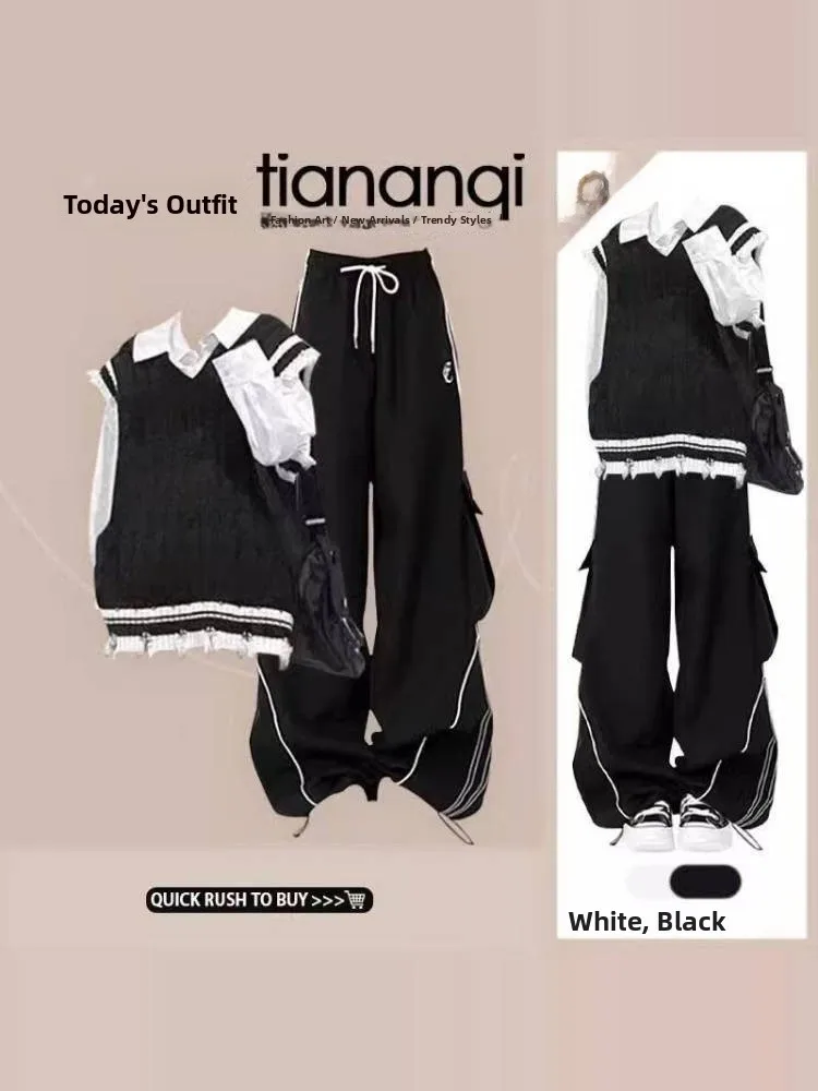 

Женский вязаный комплект: жилет и топ, осенне-зимний, черно-белый, с V-образным вырезом, длинными рукавами, воротником, модный, в университетском стиле