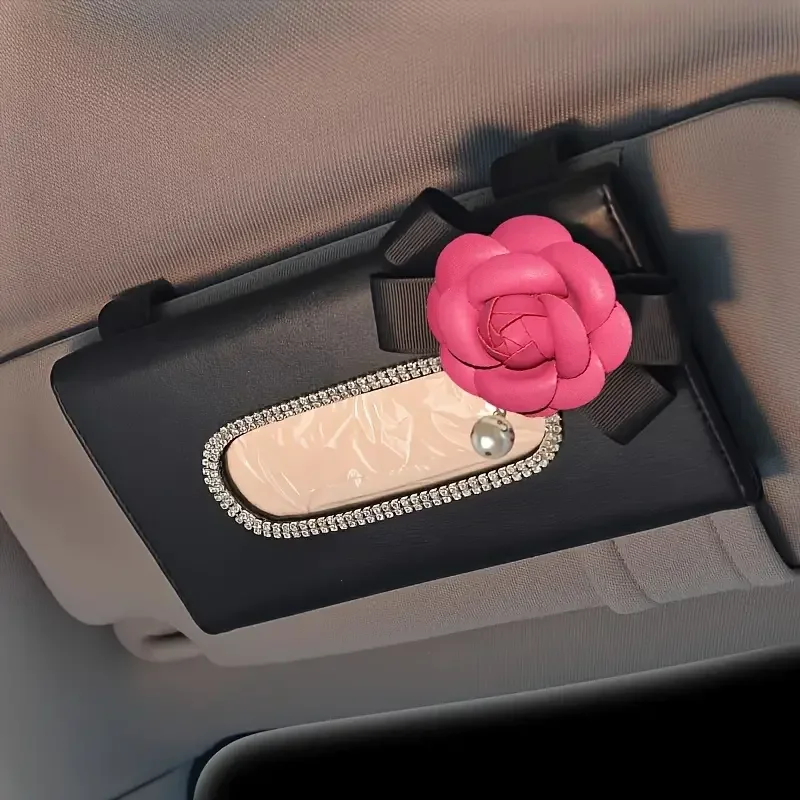 Camellia Flower Crystal Car Sun Visor Tissue Box Paper Holder for Car Hanging Auto Sunvisor Tissue Cases Car Accessories Women