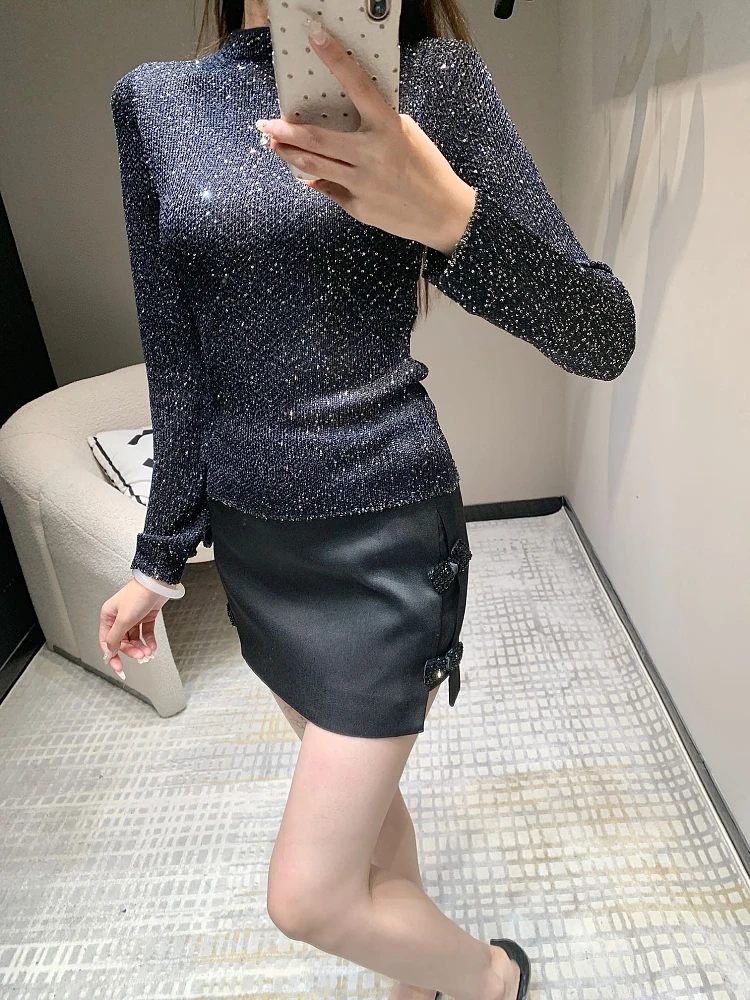 women's casual sweater spring autumn luxury black female sequined slim knitted jumpers pullover 2024 new ddxgz2 9.06