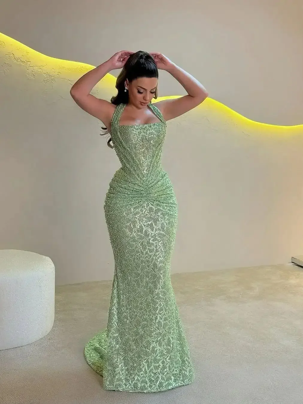 Mint Green Beading Pearls Lace Mermaid Prom Dresses Luxury Sexy Stunning Halter Formal Charming Evening Gowns Customized image 2