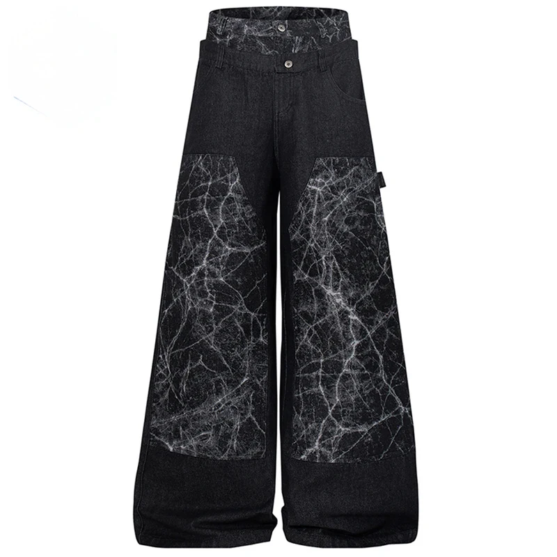 

Men's Baggy Jeans Fake Two Piece Patchwork Loose Wide Leg Denim Pants Streetwear Hip Hop Jeans Trousers Black