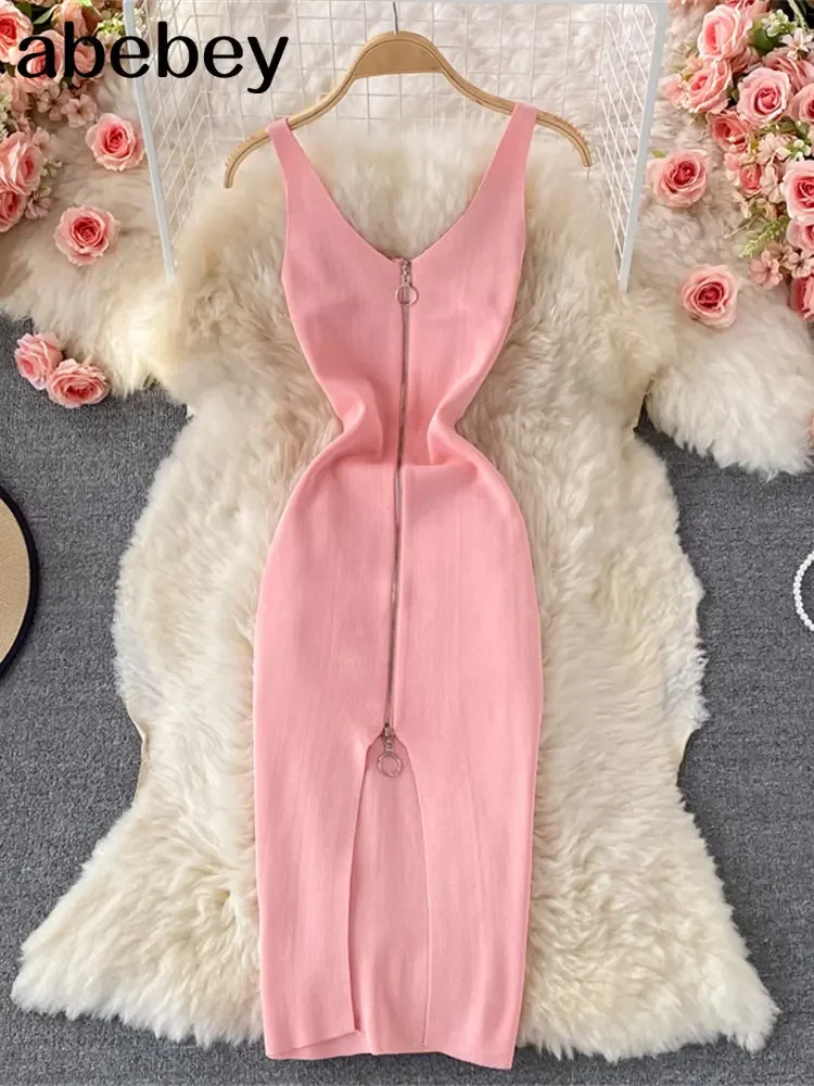 Zipple  2026 Sexy Summer Knit Strap Dress Women Tank Elatic Waist Bodycon Sundress Female Beach Split Backless Midi Dress