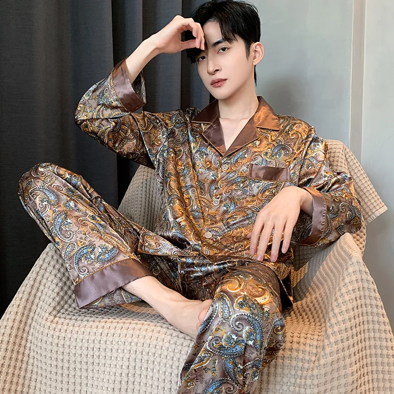 New Pijama Printed Pajamas Men Nightwear Thin Homewear Mens Long Sleeve Satin Silk Pajama Sets and Short Sleeve Shorts Men