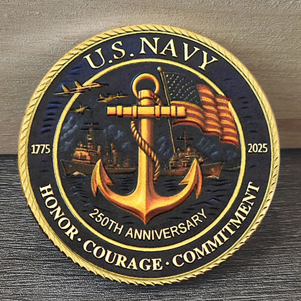 U.S. Navy 250th Anniversary 1775-2025 Collectible Coin, Souvenir with Eagle, Anchor, Warships, and Honor Courage Commitment