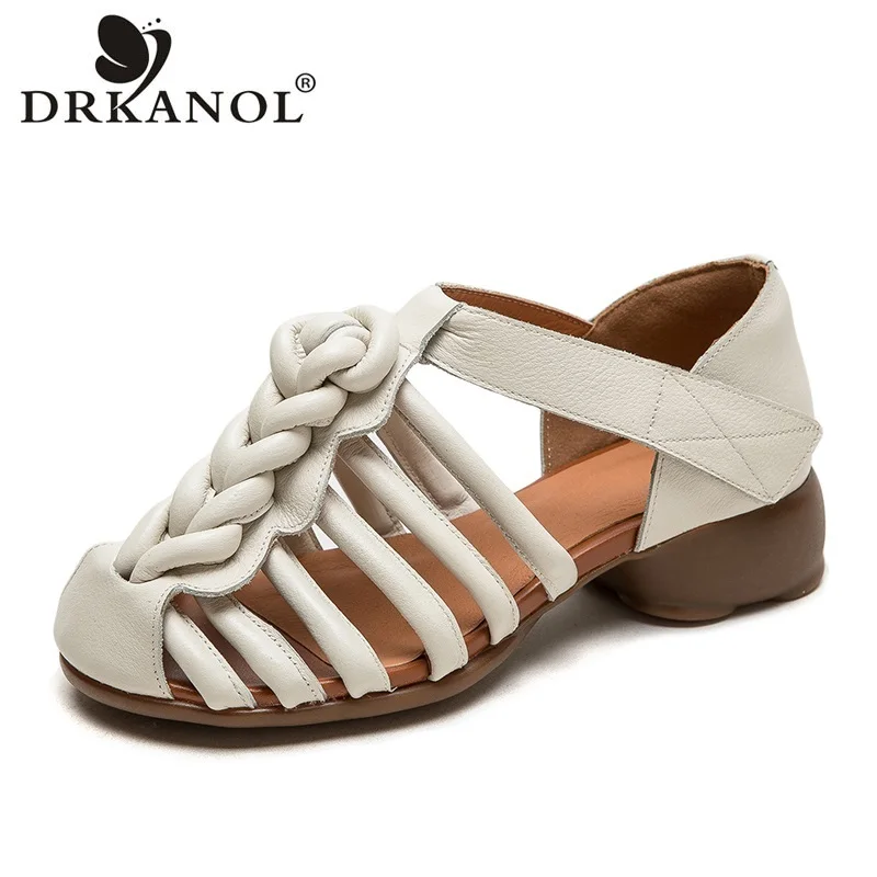 DRKANOL sandali in vera pelle di Design di lusso da donna intrecciati a mano con gancio e anello sandali romani con tacco spesso scarpe estive da