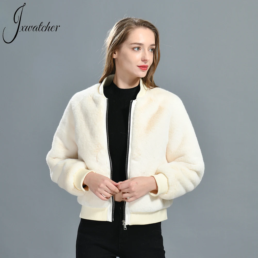 Jxwatcher Women Winter Fur Coat Solid Color Full Sleeves Fake Fur Bomber Jacket Unisex Soft and Comfortable Baseball Uniform New