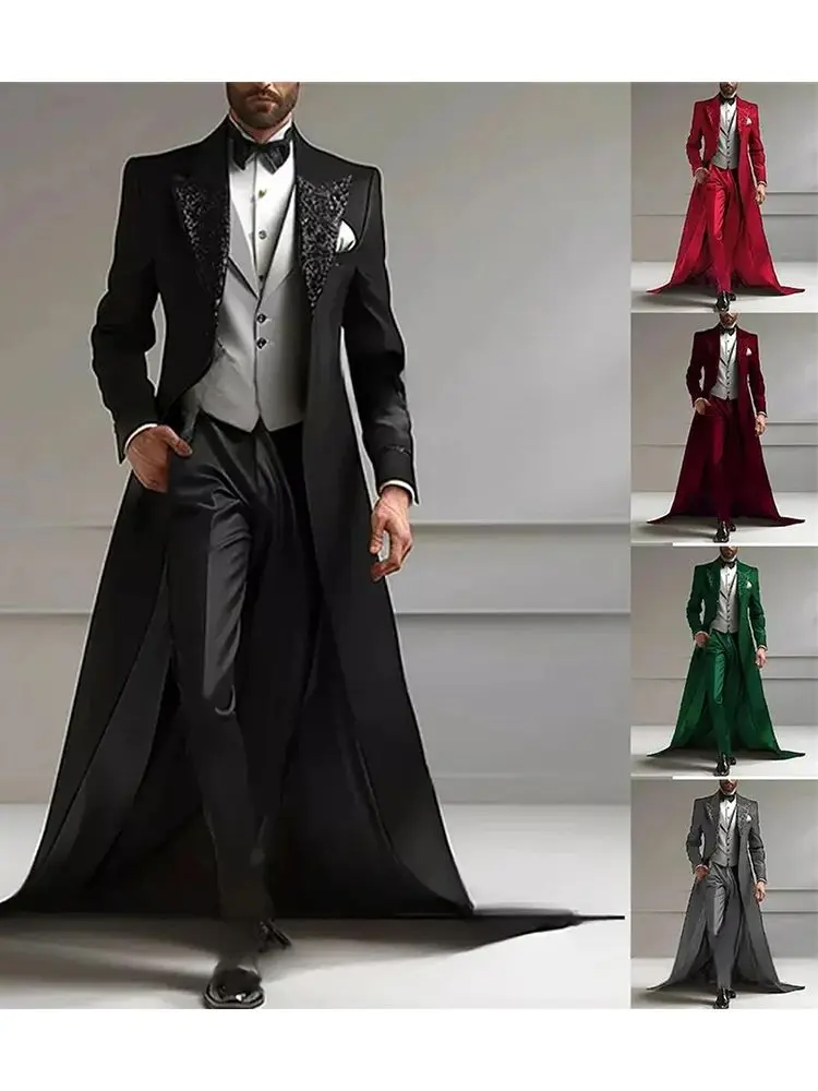 

Luxury Sequined Long cloak three-piece suit (Blazer+Vest+Pants ) retro punk style performance host men's clothing Party Gowns