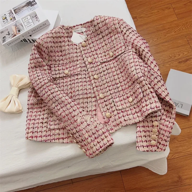 

2023 Plaid Tweed Woolen Jackets Women High-waisted UltraShort Blazers Coat Spring Autumn Lady Suit Small Outerwear Casual Tops