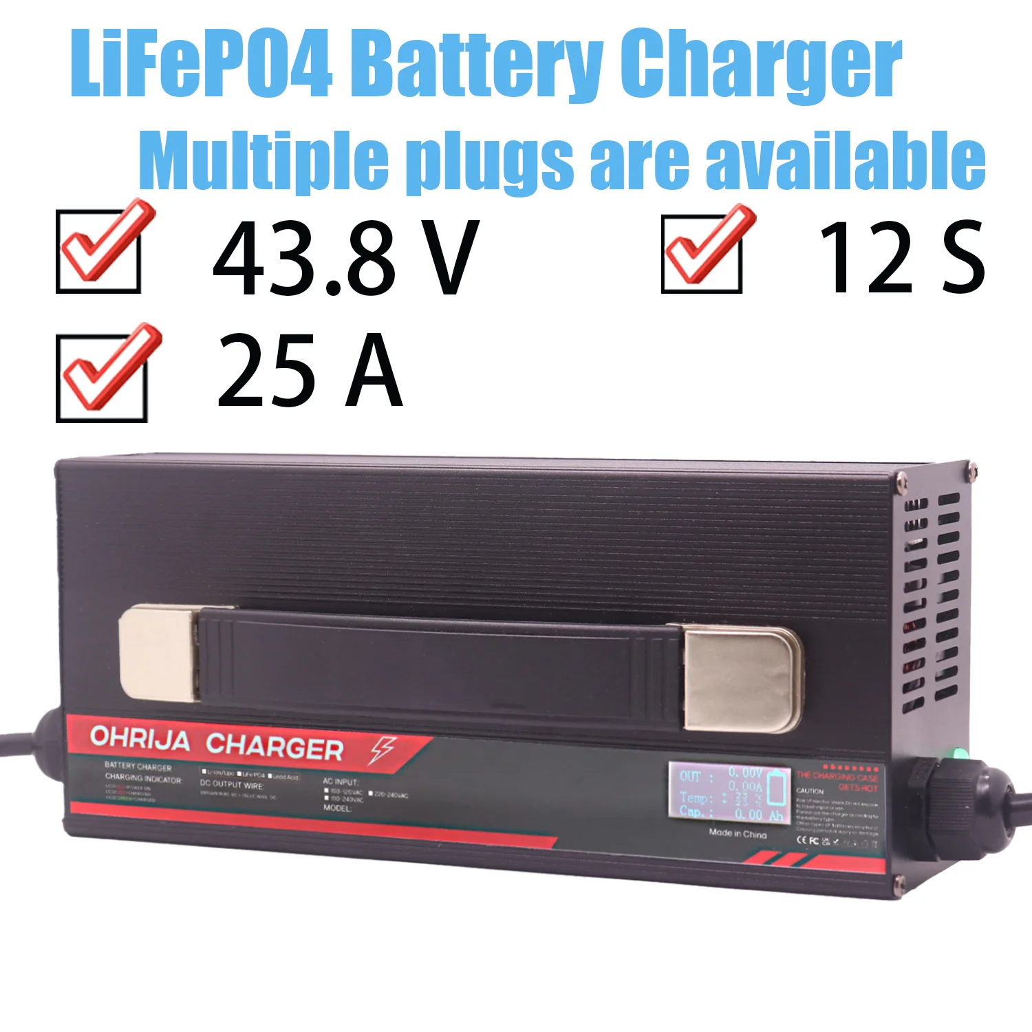 OHRIJA 43.8V 25A High power Aluminum Shell LCD LiFeP04 Battery Charger Suitable  12S 36V Battery Fast Charging Heat dissipation