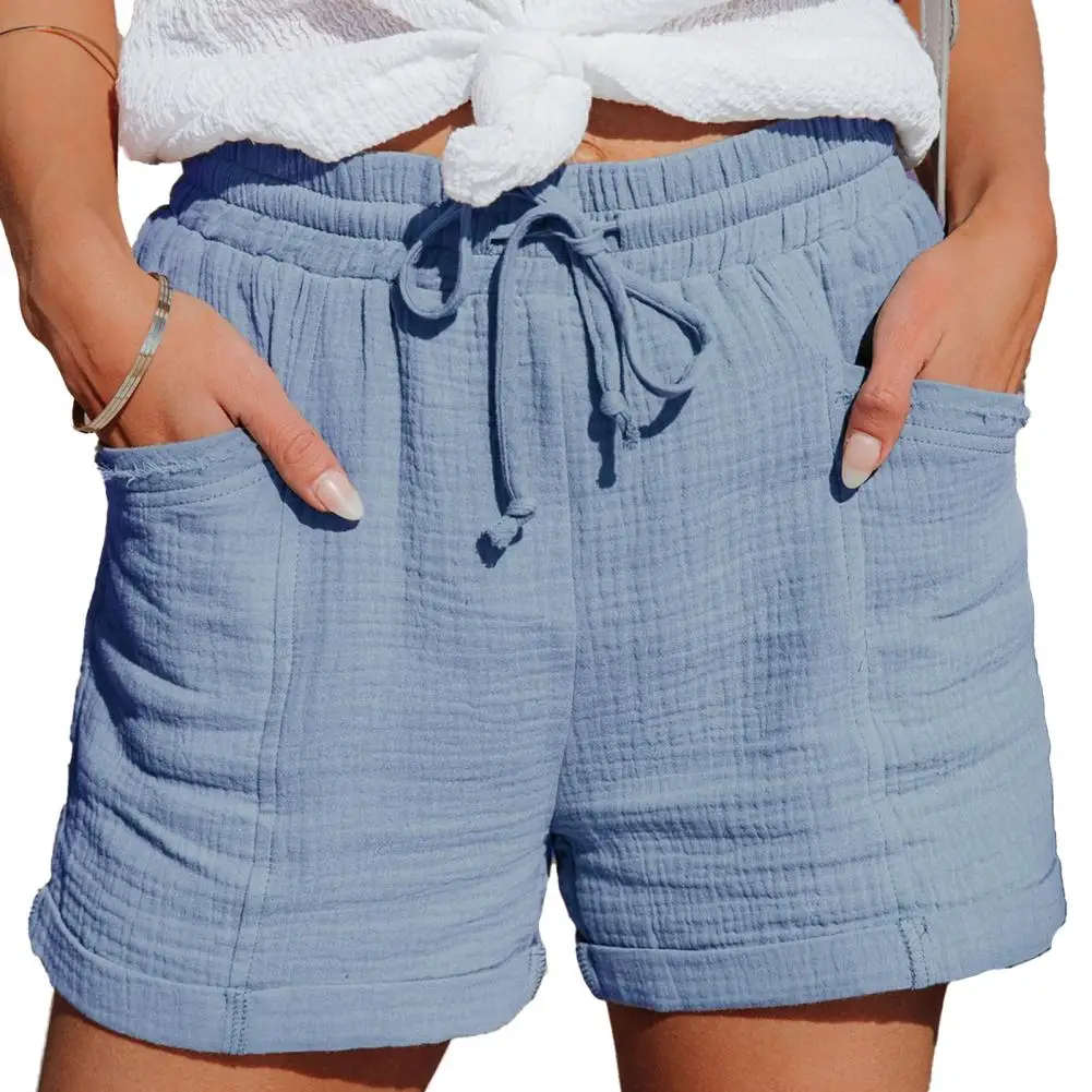شورت نسائي غير رسمي من القطن ، جيبان صلب ، خصر مرتفع ، شورت فضفاض للفتيات ، أزياء نسائية قصيرة ناعمة رائعة ، الصيف ،