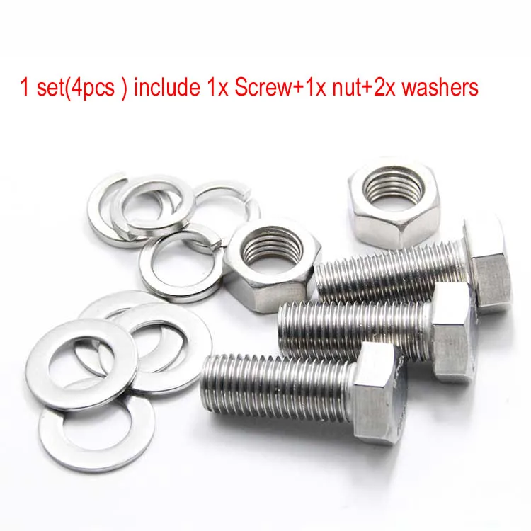 M12 M14 M16 304 Stainless Steel Hexagon Head Screws Hex Bolt Hex Nut Flat Spring Washers DIN933 DIN934 DIN125 DIN127 L= 25-80mm