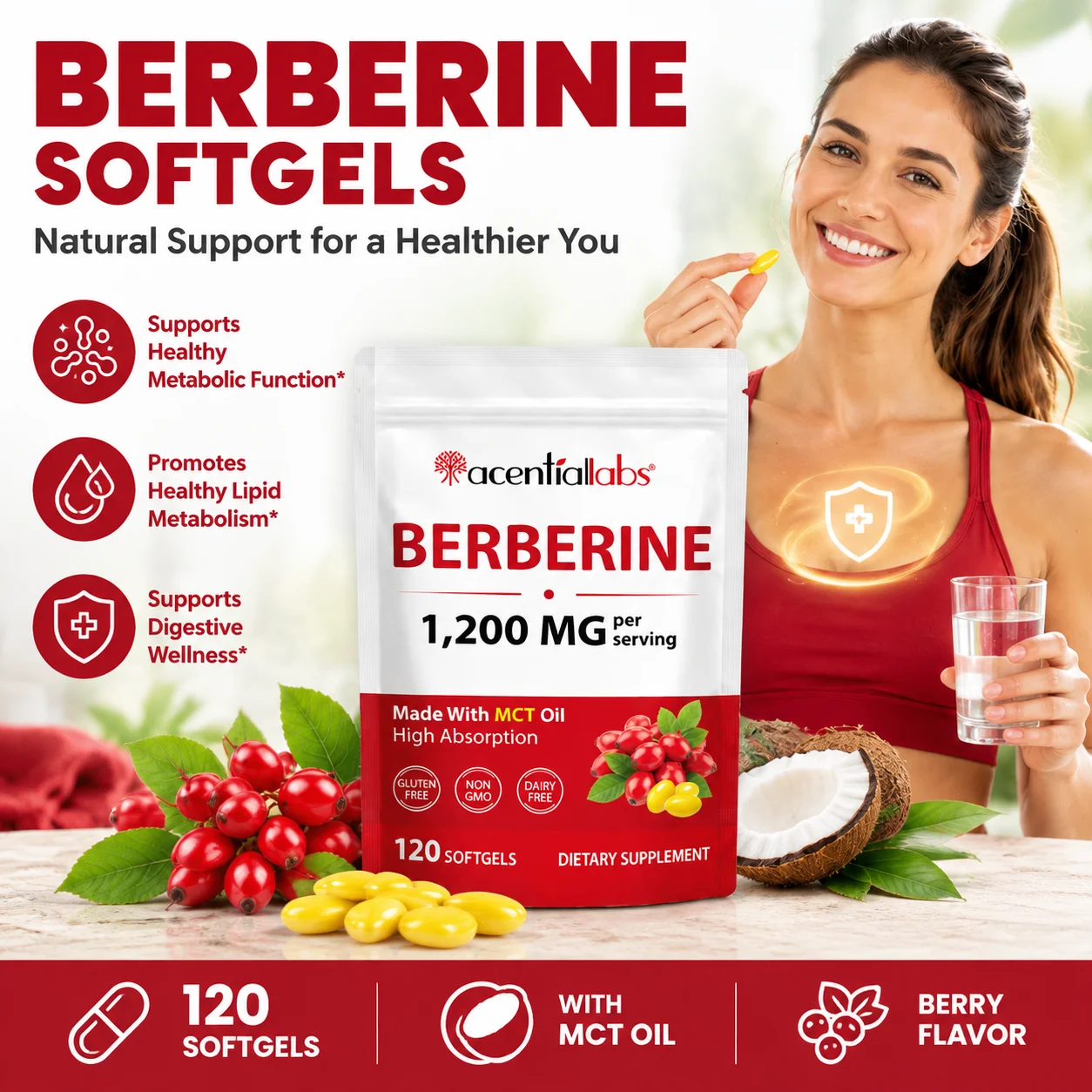 Acentilabs Acentilabs Berberine HCl Softgels with MCT Oil Promote Digestion Weight Management Maintain Intestinal Health Vegan 120 Softgels - Aliexpress Deal