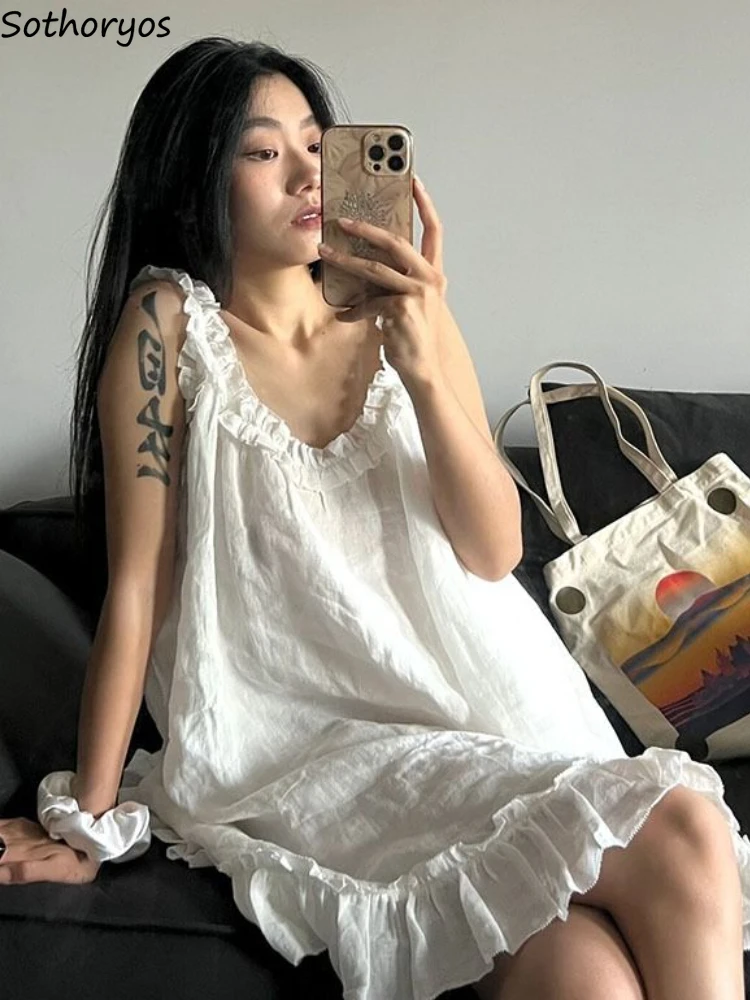 Nightgowns Women Ruffles Lace Designed All-match Schoolgirls Simple Daily Korean Style Leisure Ins Home Pure Vintage Seductive