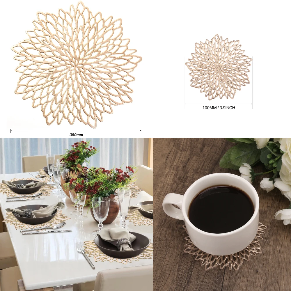 4Pc PVC Placemats Hollow Out Leaf Place Mats Washable Heat Resistant Vinyl Table Mats for Kitchen Dining Table Wedding Coasters