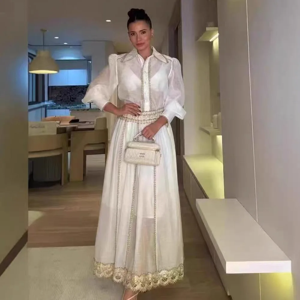 

Ele Australian Socialite Lace irt Single Button Top plus Full Skirt Set Faionable Ensemble Long Sve Polyester Blend