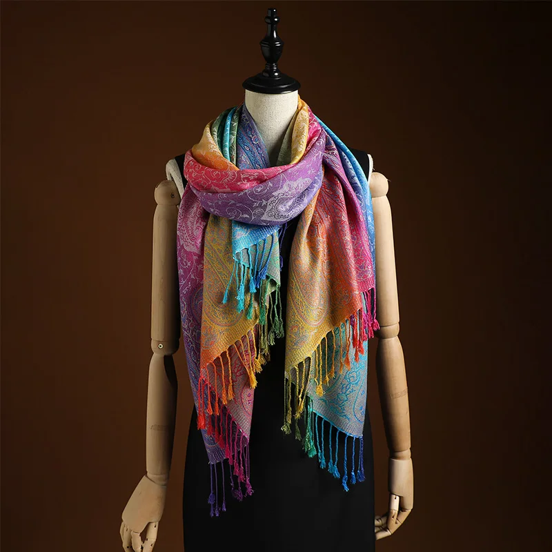 Four Seasons Elegant Paisley Jacquard Scarf with Gradient Colors and Tassels - Perfect for Mardi Gras, Beach, and Casual Wear