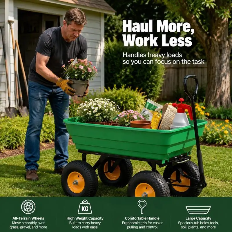 Carretilla de jardín con volquete basculante 75°, capacidad 75 L, carga máxima 200 kg, 4 ruedas neumáticas, estructura de acero y PP, color amarillo y verde, ideal para transportar tierra, herramientas y leña en jardín, terraza y exteriores.
