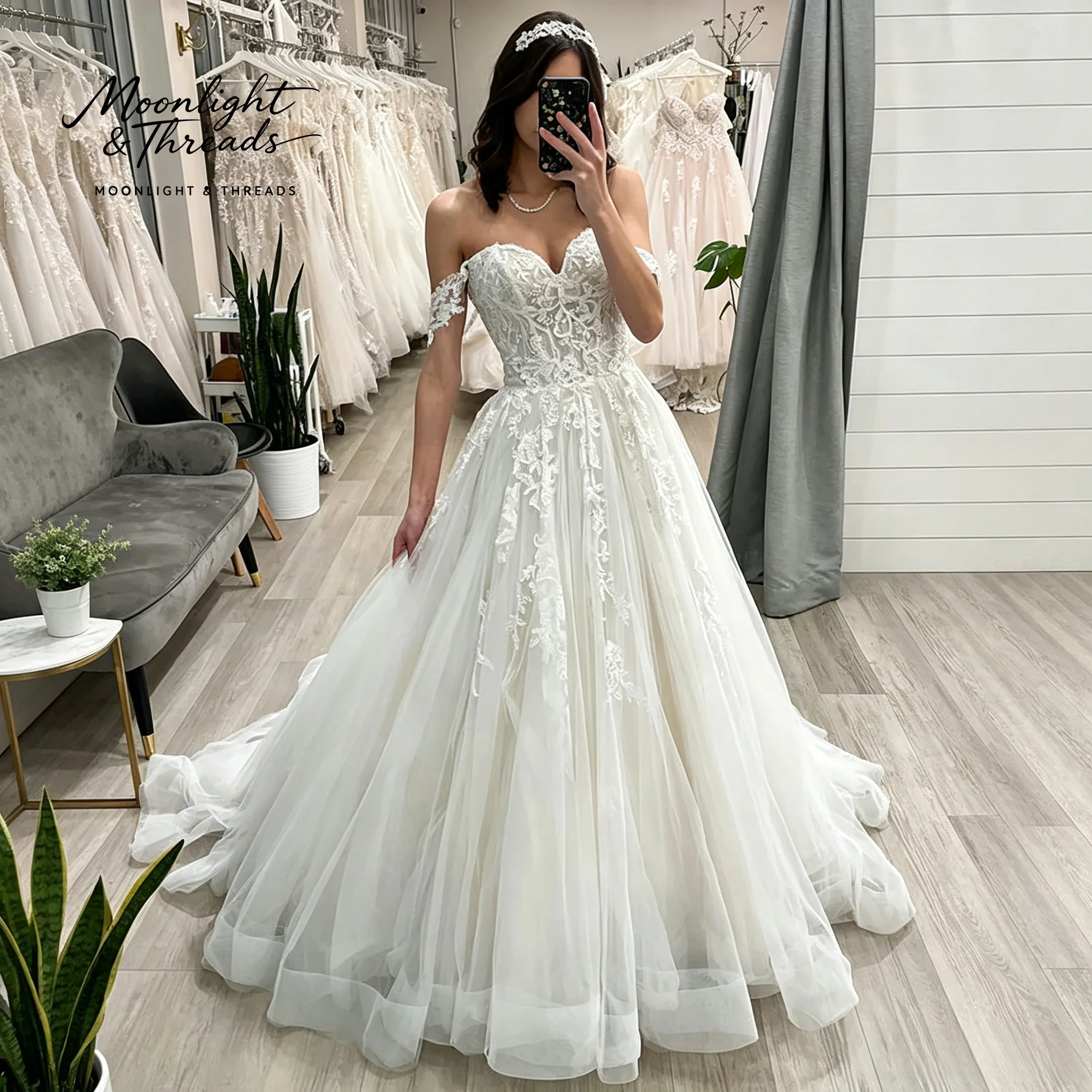 White Strapless A-Line Floor-Length Ball Gown Wedding Dress with Delicate Embroidered Appliqué Design Elegant Bridal Gown